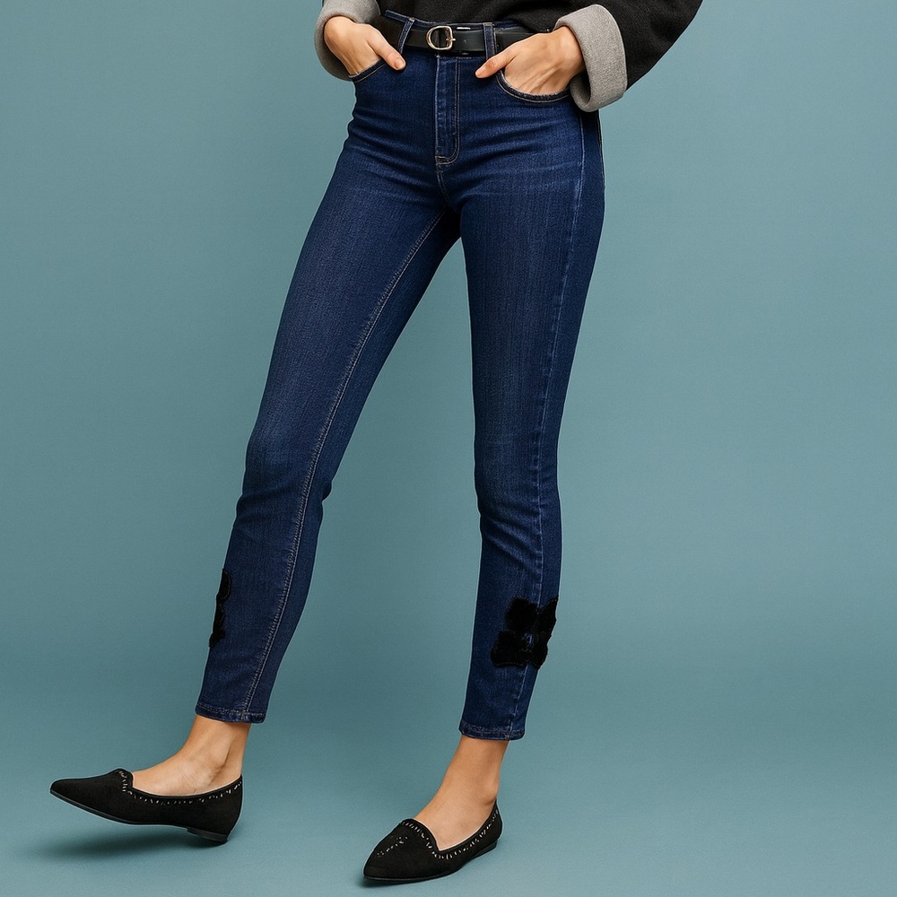 Anthropologie McGuire Newton Skinny Dark Wash‎ Denim Velvet Bow Jeans Size 27